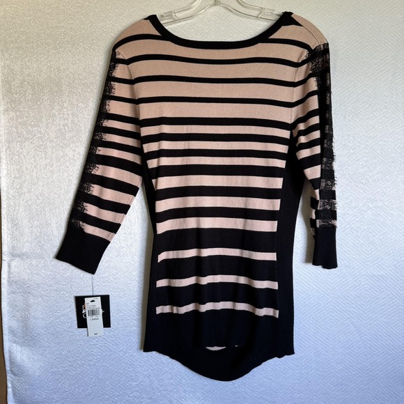 by & by Sweater Womens Large Pink Black Striped Jersey Pullover Lace Sleeve NWT - Picture 2 of 10